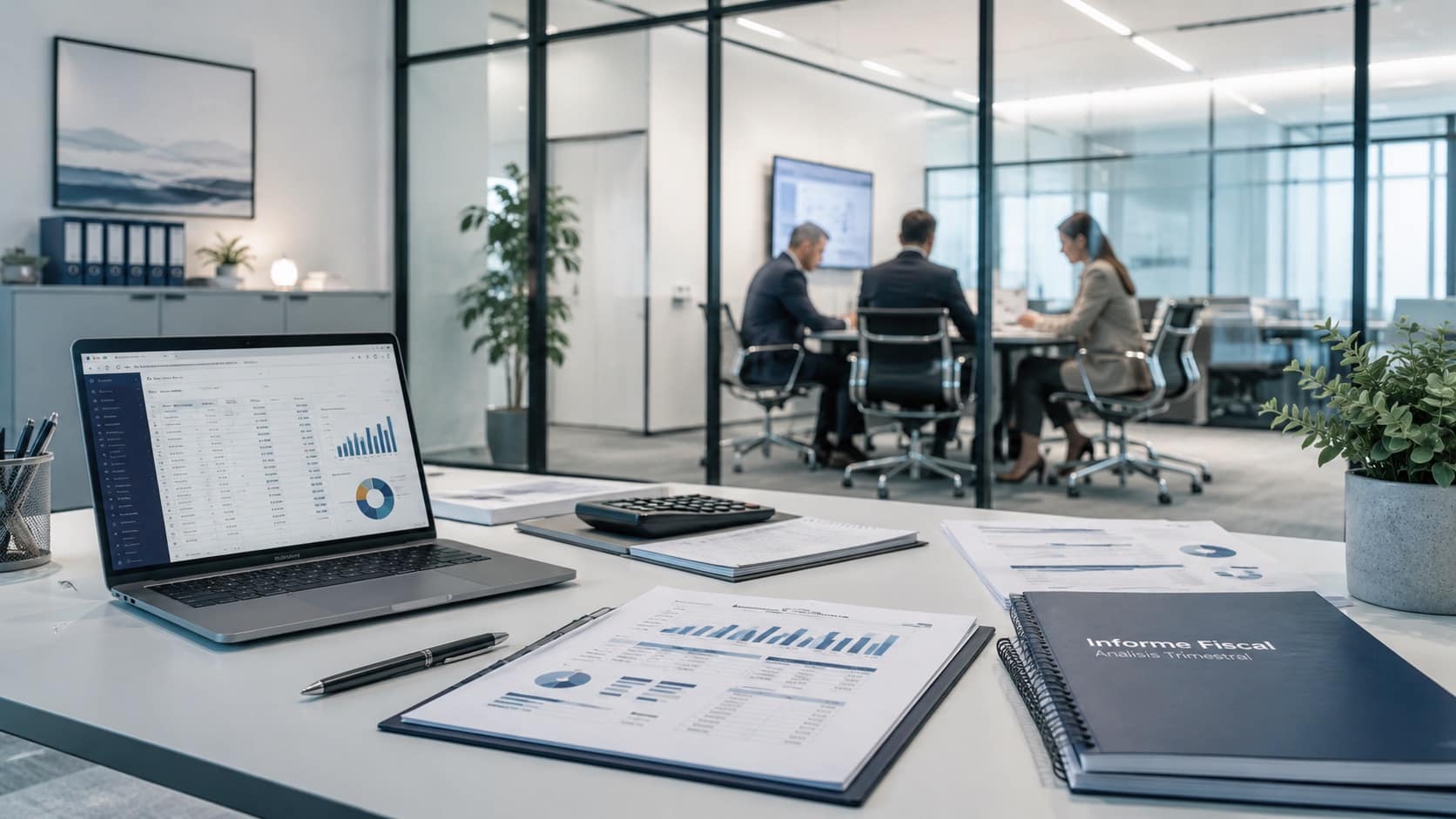 Equipo profesional trabajando en una reunión de despacho con documentación fiscal y contable.