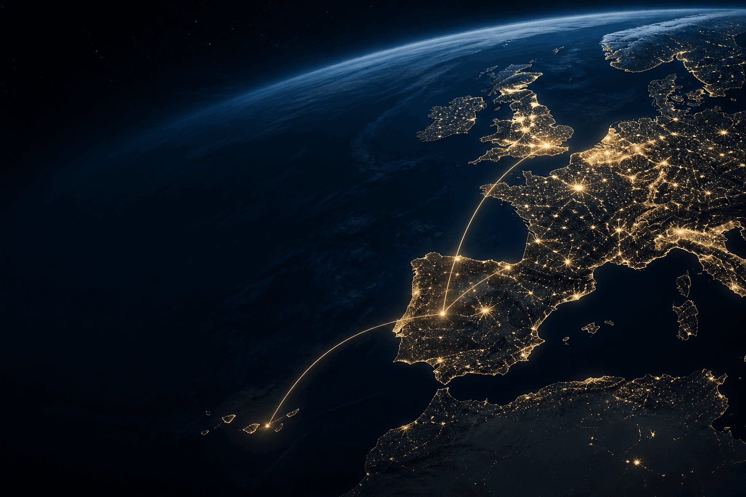 Vista nocturna elevada de Europa occidental con conexiones luminosas entre Reino Unido, España y Canarias.