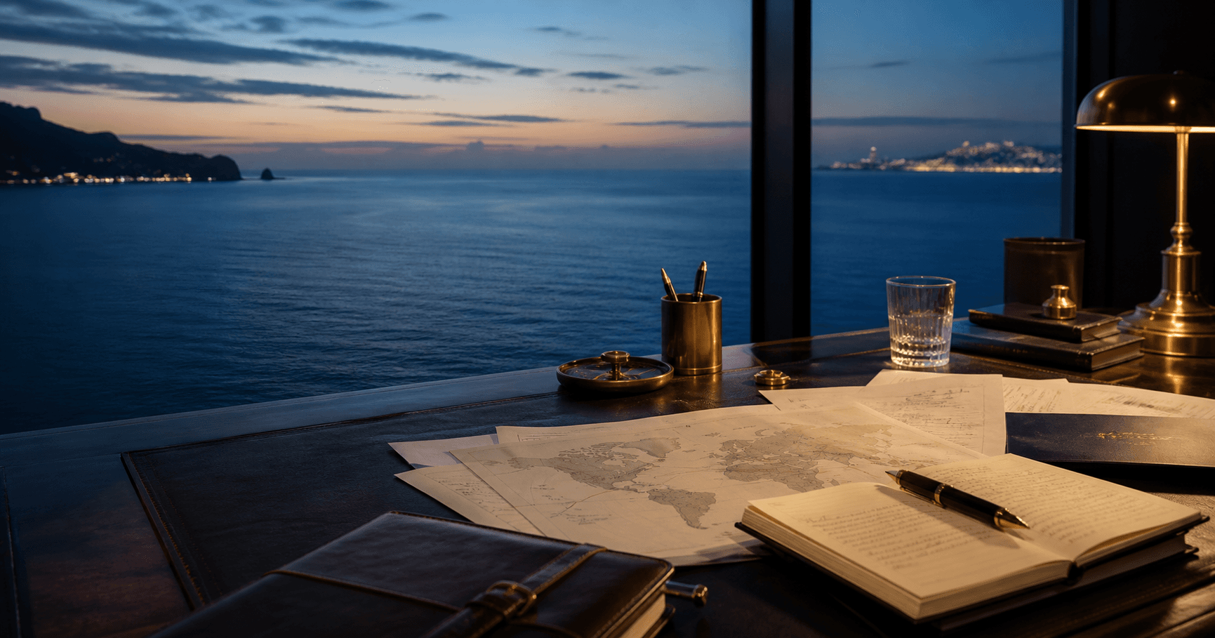 Mesa editorial de planificación internacional frente al Atlántico al atardecer, con documentos y referencias transatlánticas.