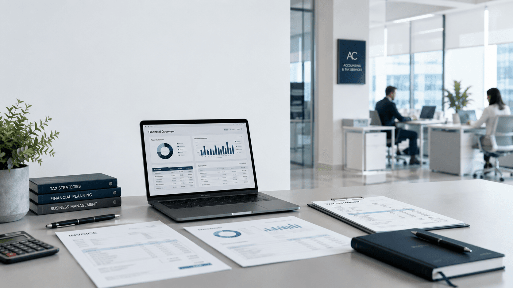 Mesa de trabajo con documentacion contable y fiscal en primer plano y reunion profesional al fondo.