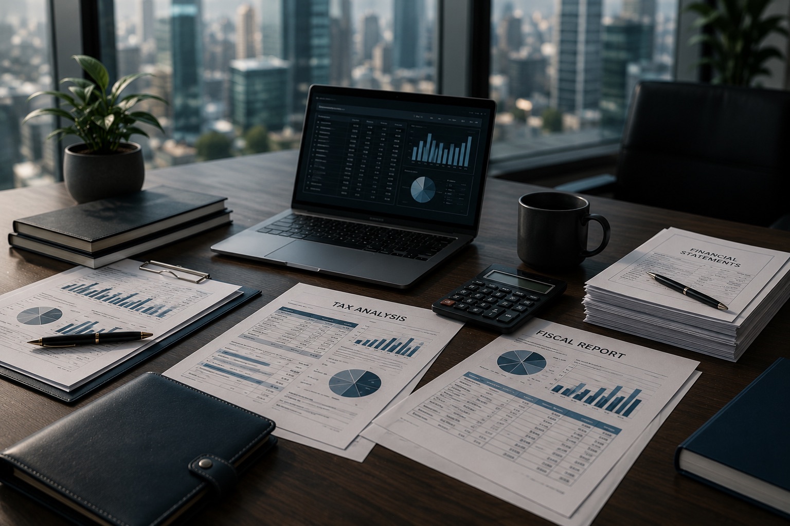 Mesa de trabajo profesional con portátil, documentación y material de consulta para preparar una primera orientación fiscal o contable.
