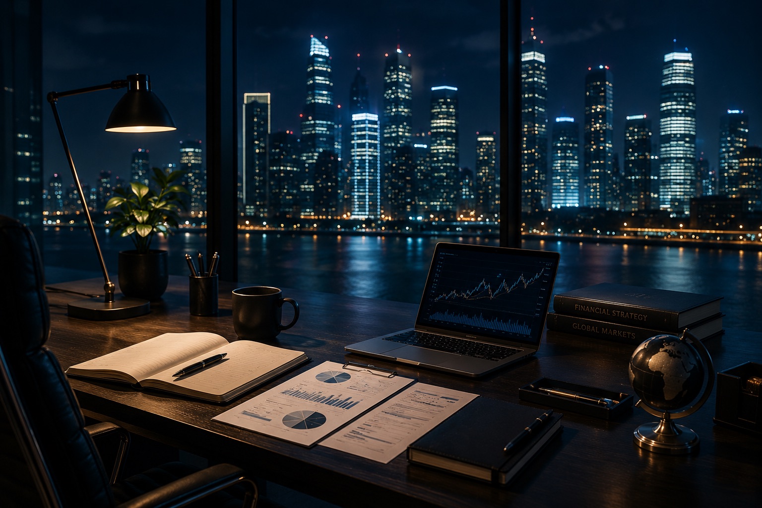 Despacho premium con vista nocturna, mesa de trabajo y análisis financiero en pantalla.
